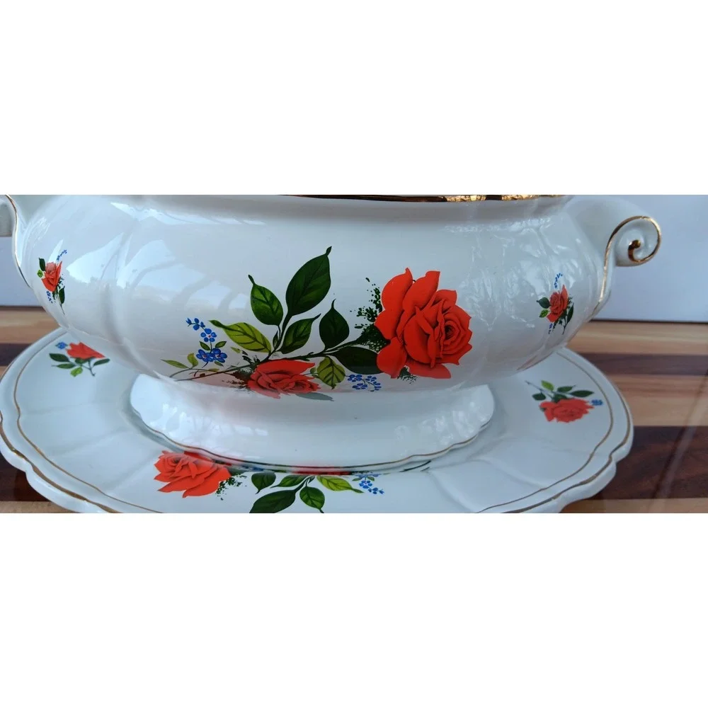 VTG Soup Tureen with Lid Large Red Roses Loucarte Portugal White Oval‎ Rose